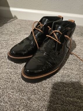 Paul Green Women's Black Patent Leather Lace-Up Dress Boots with Brown Accents